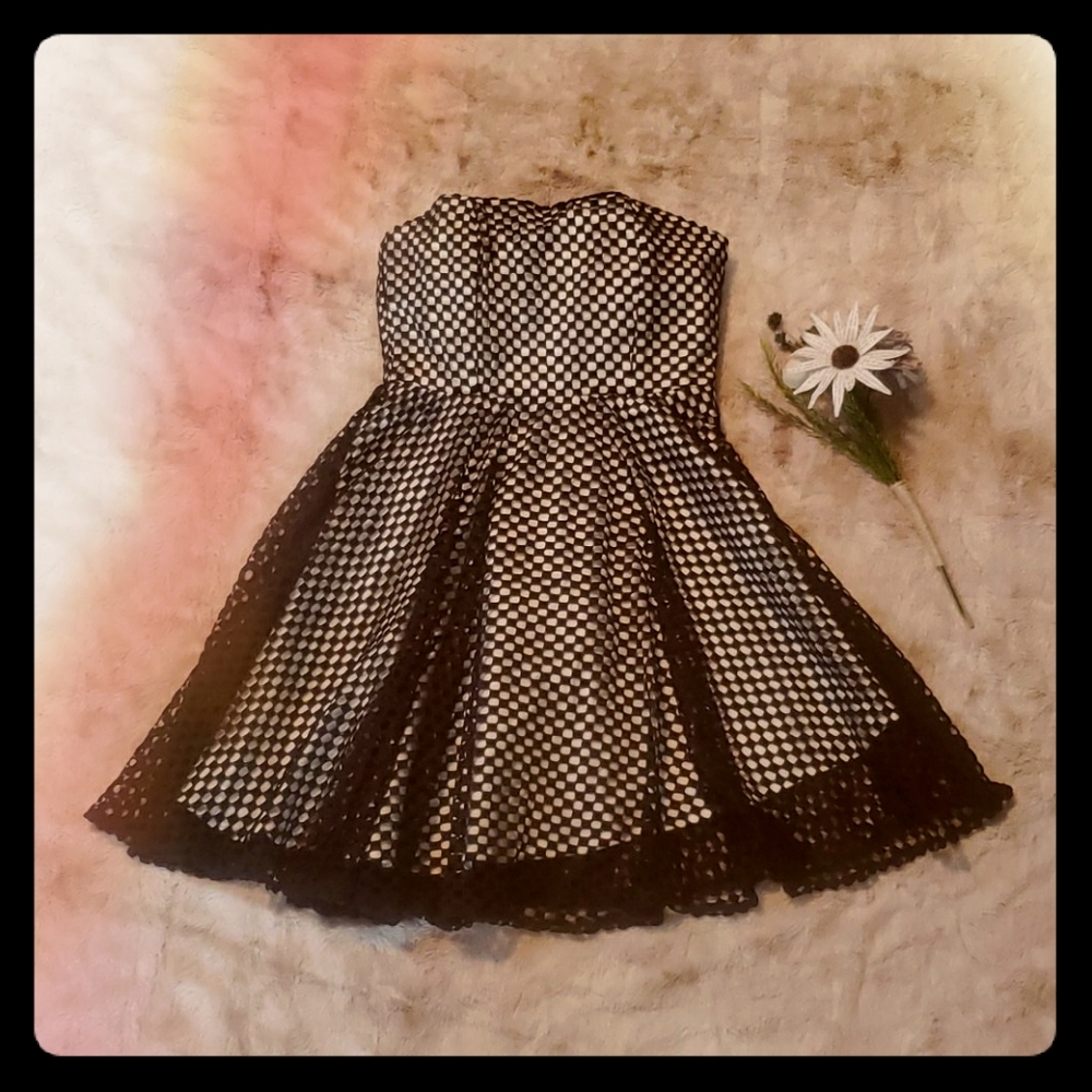 Asymmetrical checkered flared dress mesh overlay